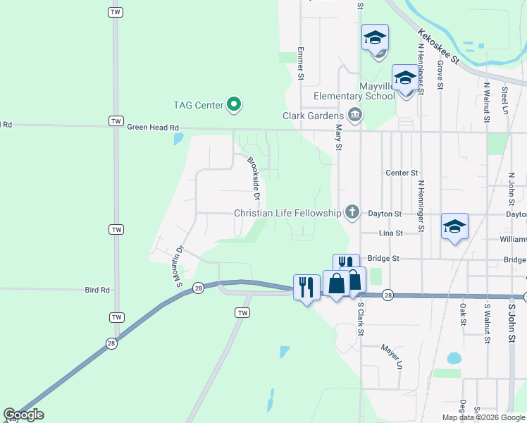 map of restaurants, bars, coffee shops, grocery stores, and more near 1439 Dayton Street in Mayville