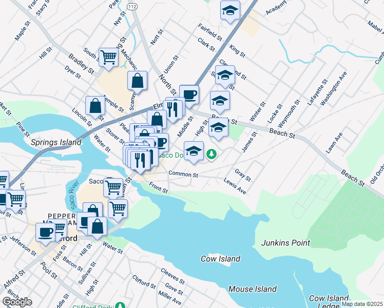 map of restaurants, bars, coffee shops, grocery stores, and more near 21 High Street in Saco