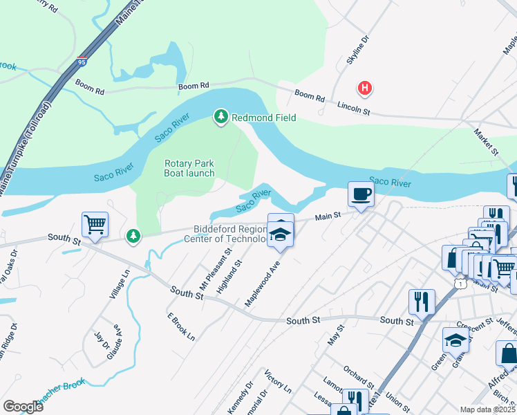 map of restaurants, bars, coffee shops, grocery stores, and more near 1 Mount Pleasant Street in Biddeford