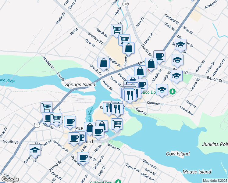 map of restaurants, bars, coffee shops, grocery stores, and more near 35 Water Street in Saco