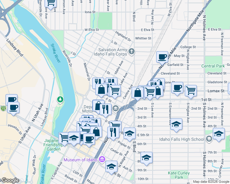 map of restaurants, bars, coffee shops, grocery stores, and more near 995 Shoup Avenue in Idaho Falls