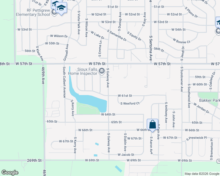 map of restaurants, bars, coffee shops, grocery stores, and more near 5308 South Galway Avenue in Sioux Falls