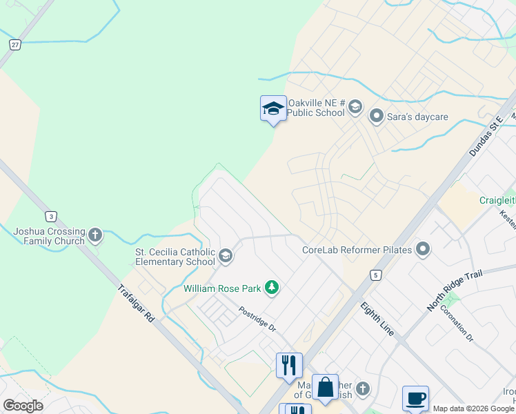 map of restaurants, bars, coffee shops, grocery stores, and more near 3185 Meadow Marsh Crescent in Oakville