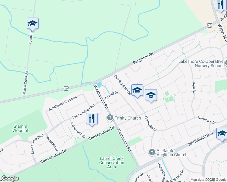 map of restaurants, bars, coffee shops, grocery stores, and more near 622 Osprey Drive in Waterloo