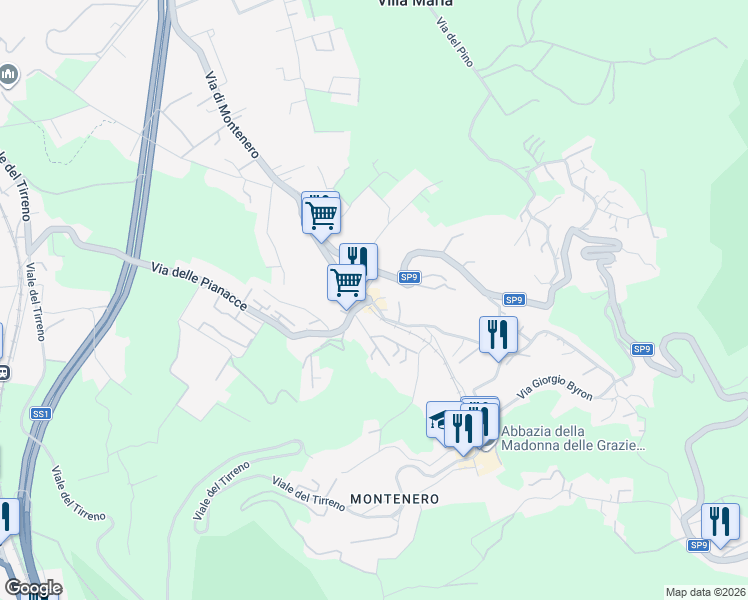 map of restaurants, bars, coffee shops, grocery stores, and more near 19 Via di Montenero in Livorno