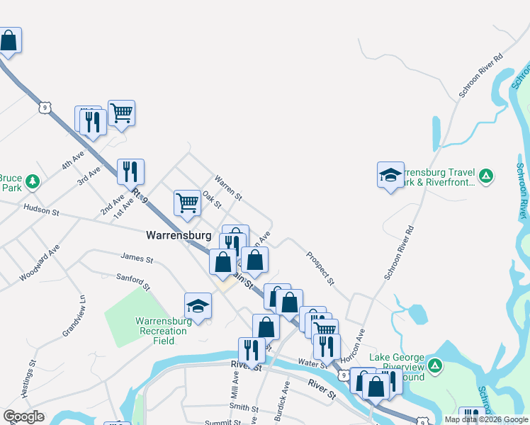 map of restaurants, bars, coffee shops, grocery stores, and more near 3 Oak Street in Warrensburg