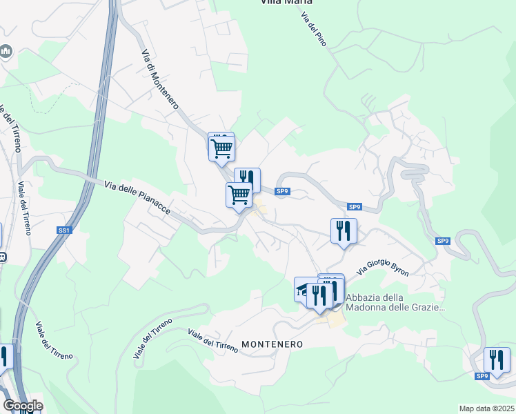 map of restaurants, bars, coffee shops, grocery stores, and more near 8 Via di Montenero in Livorno
