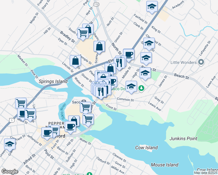 map of restaurants, bars, coffee shops, grocery stores, and more near in Saco