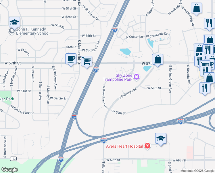 map of restaurants, bars, coffee shops, grocery stores, and more near 5300 South Broadband Lane in Sioux Falls