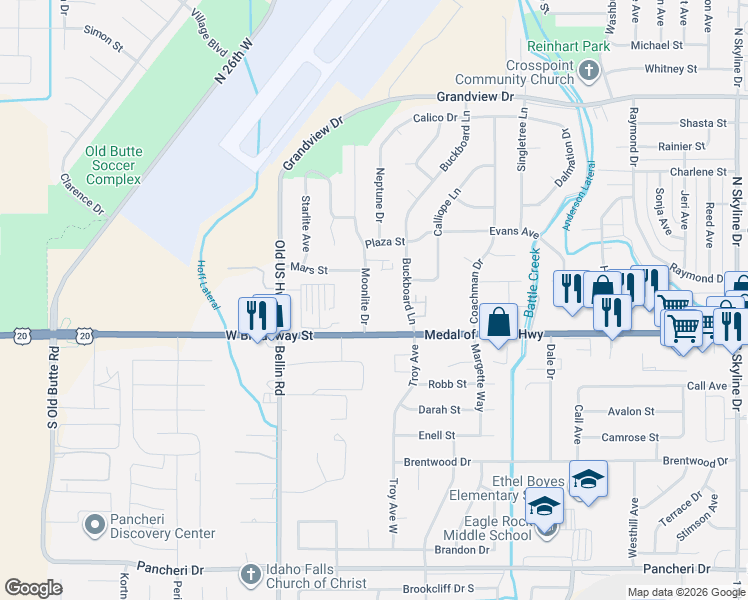 map of restaurants, bars, coffee shops, grocery stores, and more near 202 Moonlite Drive in Idaho Falls