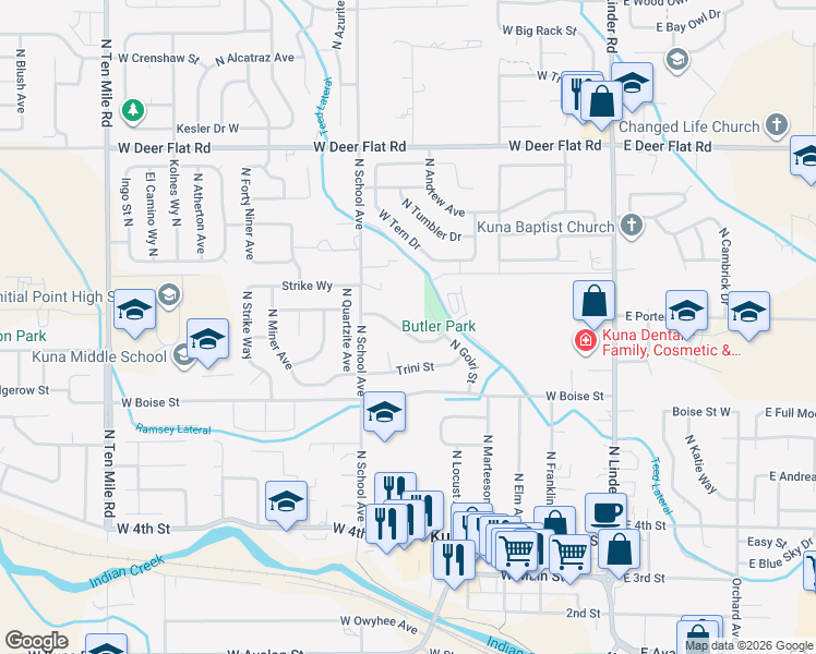 map of restaurants, bars, coffee shops, grocery stores, and more near 754 West Mendi Place in Kuna