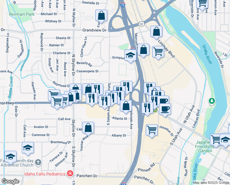 map of restaurants, bars, coffee shops, grocery stores, and more near 740 Saturn Avenue in Idaho Falls