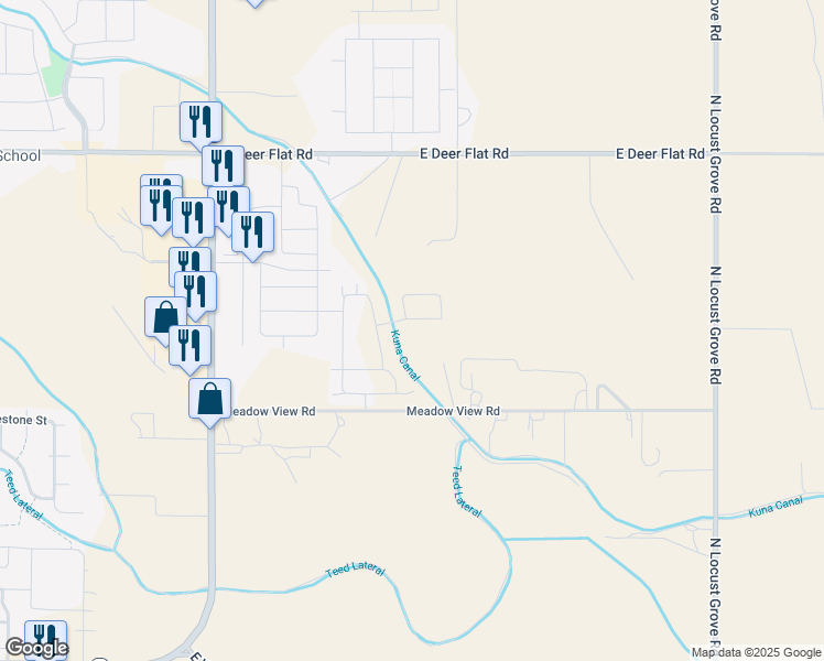 map of restaurants, bars, coffee shops, grocery stores, and more near 2320 Meadow View Road in Kuna