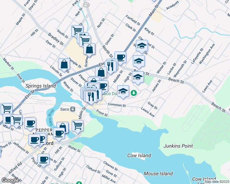map of restaurants, bars, coffee shops, grocery stores, and more near 59 Middle Street in Saco