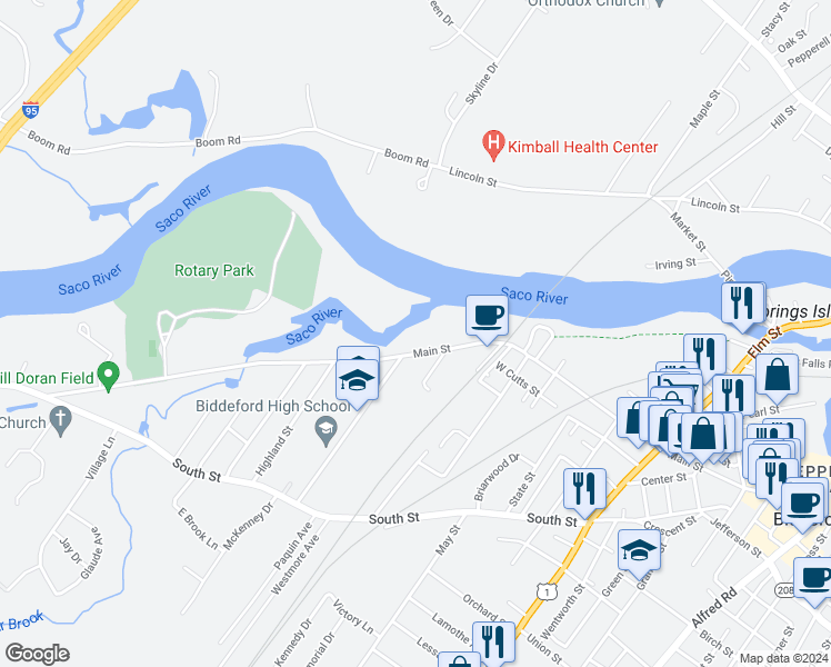 map of restaurants, bars, coffee shops, grocery stores, and more near 474 Main Street in Biddeford