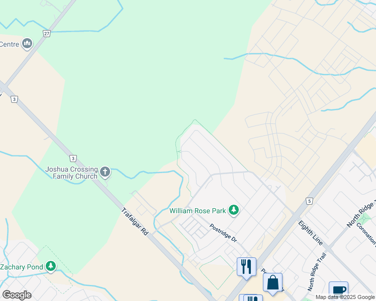 map of restaurants, bars, coffee shops, grocery stores, and more near 3231 William Rose Way in Oakville