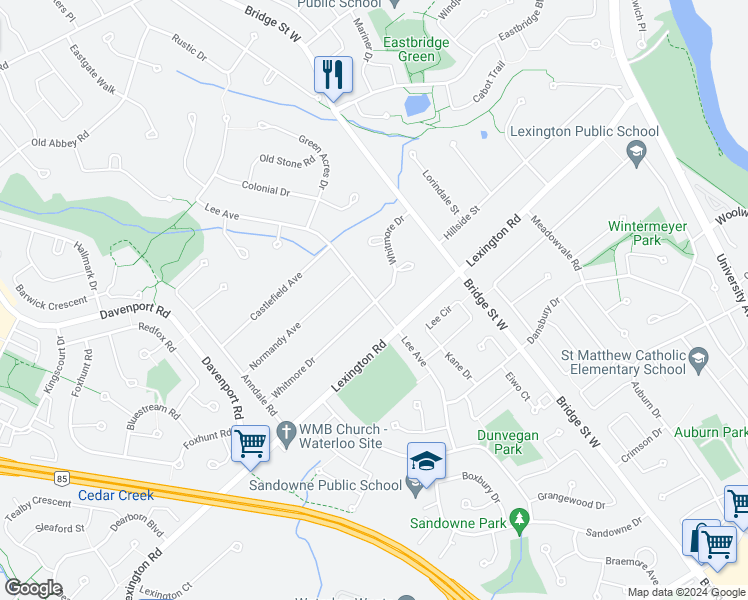 map of restaurants, bars, coffee shops, grocery stores, and more near 459 Lee Avenue in Waterloo