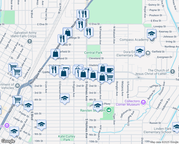 map of restaurants, bars, coffee shops, grocery stores, and more near 523 Lomax Street in Idaho Falls