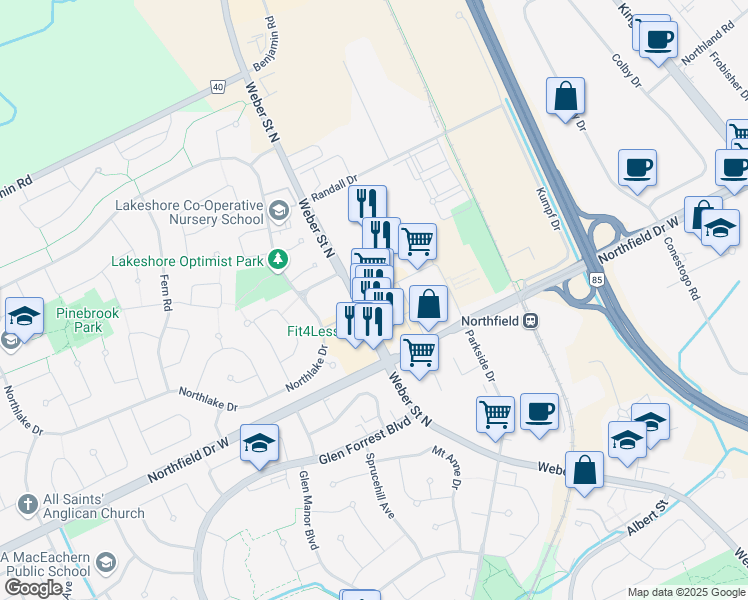 map of restaurants, bars, coffee shops, grocery stores, and more near in Waterloo