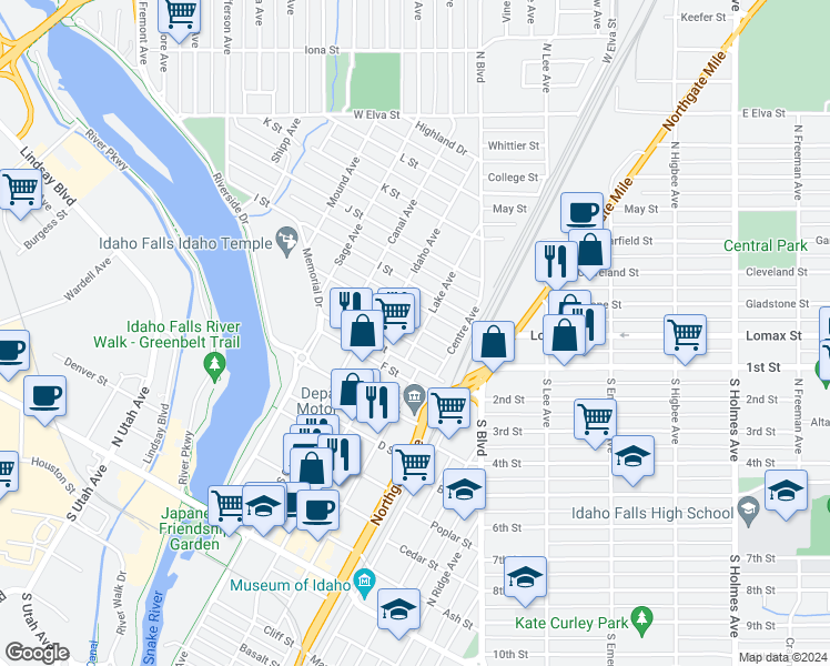 map of restaurants, bars, coffee shops, grocery stores, and more near 1095 Lake Avenue in Idaho Falls