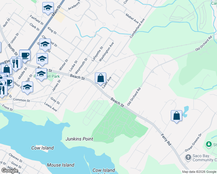 map of restaurants, bars, coffee shops, grocery stores, and more near 5 Birch Street in Saco