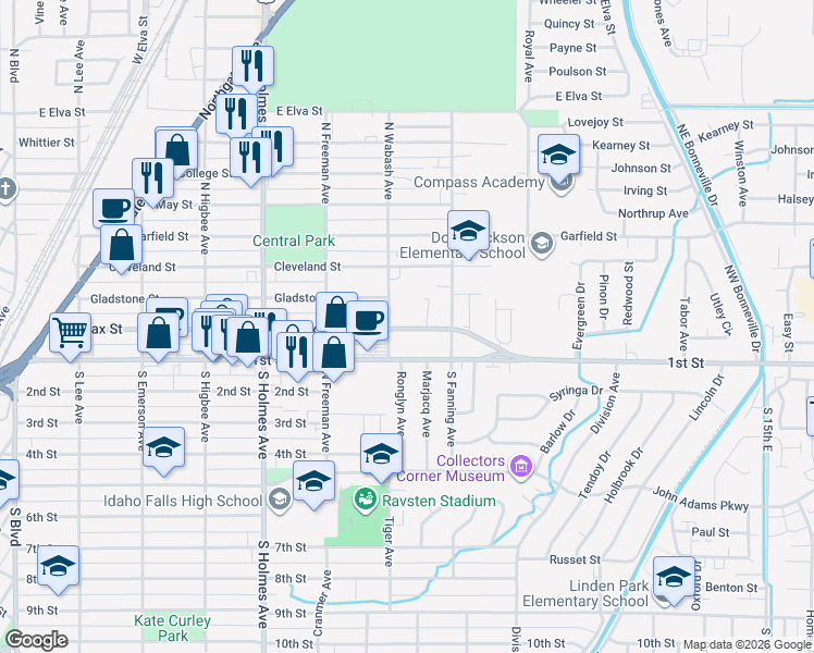 map of restaurants, bars, coffee shops, grocery stores, and more near 725 Lomax Street in Idaho Falls
