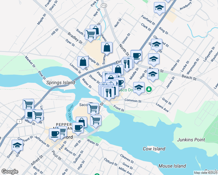 map of restaurants, bars, coffee shops, grocery stores, and more near in Saco