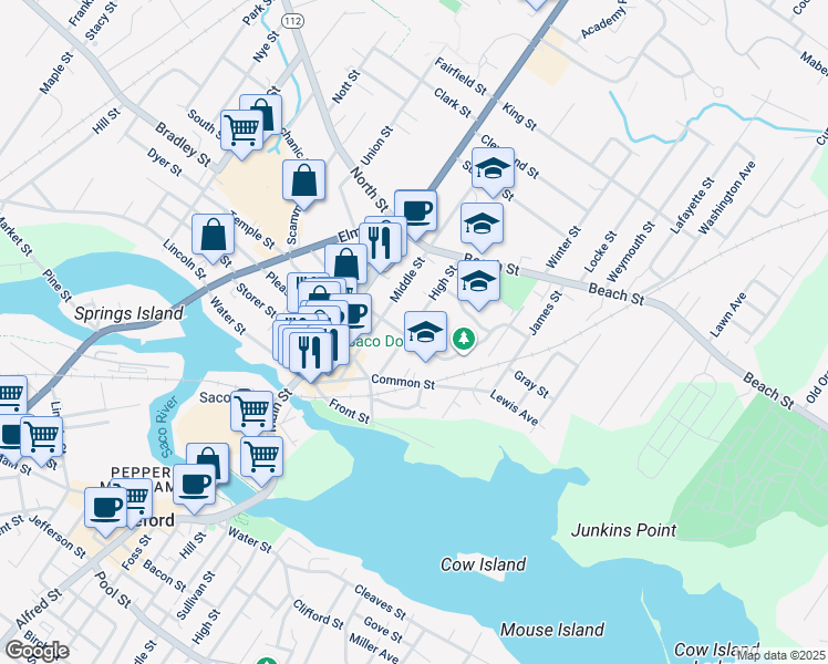 map of restaurants, bars, coffee shops, grocery stores, and more near 59 Middle Street in Saco