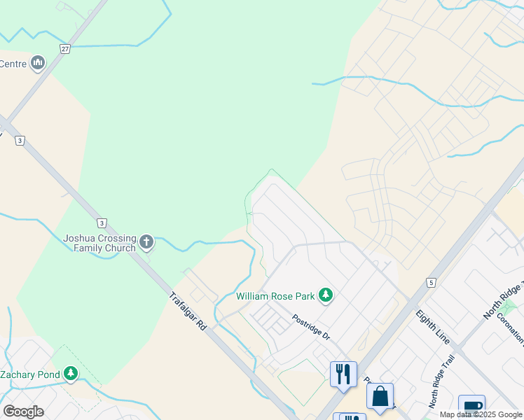 map of restaurants, bars, coffee shops, grocery stores, and more near 3231 William Rose Way in Oakville