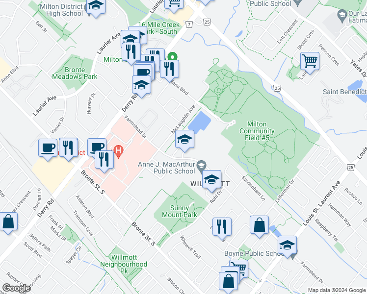 map of restaurants, bars, coffee shops, grocery stores, and more near 180 McLaughlin Avenue in Milton