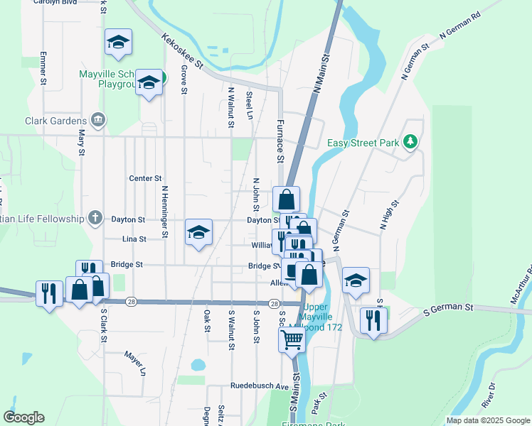 map of restaurants, bars, coffee shops, grocery stores, and more near 234 North John Street in Mayville