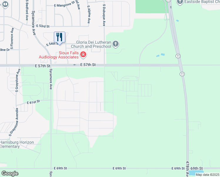 map of restaurants, bars, coffee shops, grocery stores, and more near 47739 East 57th Street in Sioux Falls