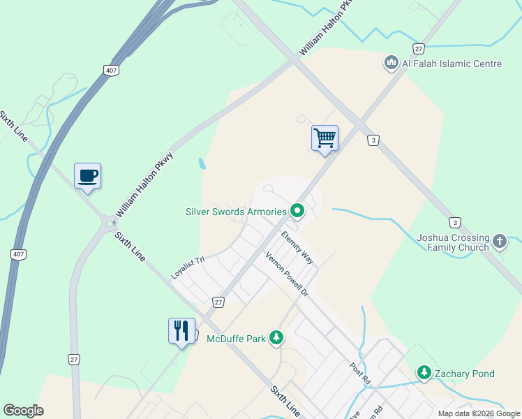 map of restaurants, bars, coffee shops, grocery stores, and more near 4039 Eternity Way in Oakville