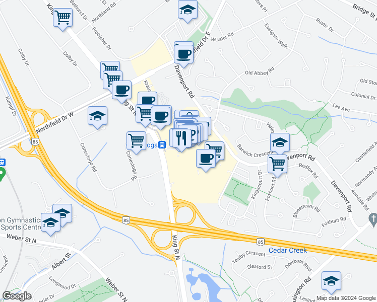 map of restaurants, bars, coffee shops, grocery stores, and more near 550 King Street North in Waterloo