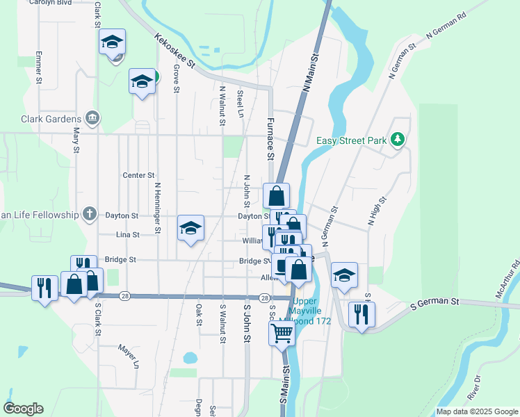 map of restaurants, bars, coffee shops, grocery stores, and more near 234 North John Street in Mayville