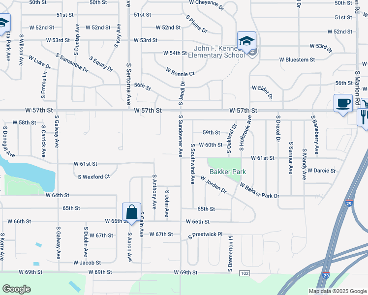map of restaurants, bars, coffee shops, grocery stores, and more near 5300 South Sundowner Avenue in Sioux Falls