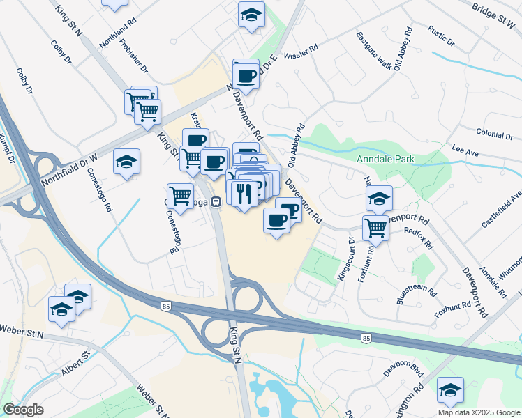 map of restaurants, bars, coffee shops, grocery stores, and more near 550 King Street North in Waterloo