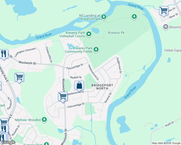 map of restaurants, bars, coffee shops, grocery stores, and more near 226 Hawkswood Drive in Kitchener