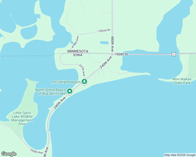 map of restaurants, bars, coffee shops, grocery stores, and more near 10180 240th Avenue in Spirit Lake