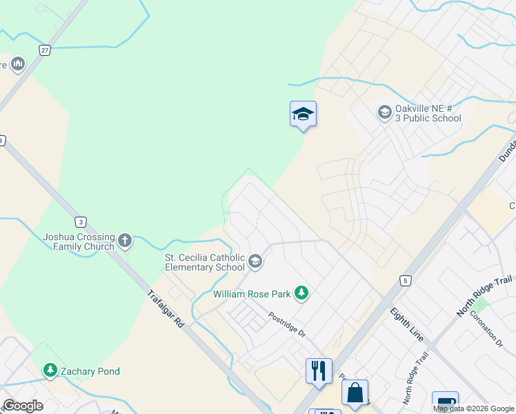 map of restaurants, bars, coffee shops, grocery stores, and more near 3207 William Rose Way in Oakville