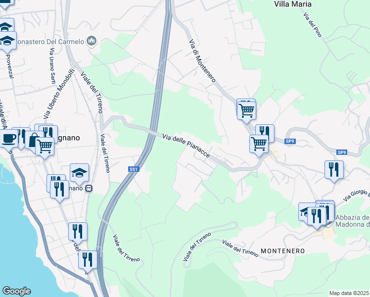 map of restaurants, bars, coffee shops, grocery stores, and more near 13 Via dei Salici in Livorno