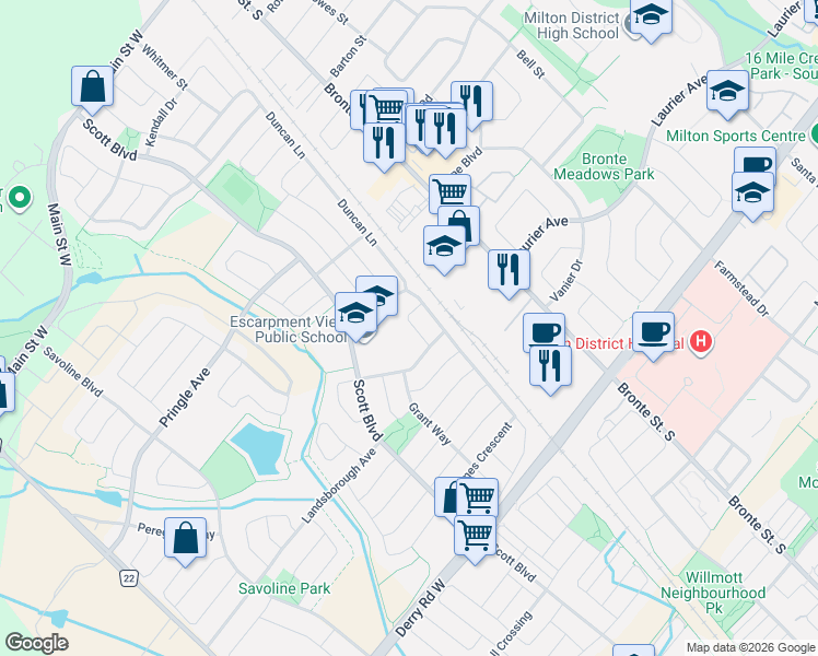 map of restaurants, bars, coffee shops, grocery stores, and more near 424 Chandler Crescent in Milton