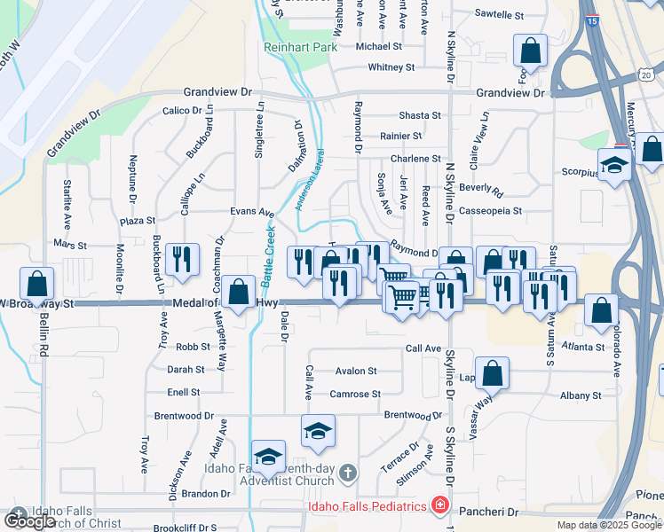 map of restaurants, bars, coffee shops, grocery stores, and more near 471 Hansen Avenue in Idaho Falls