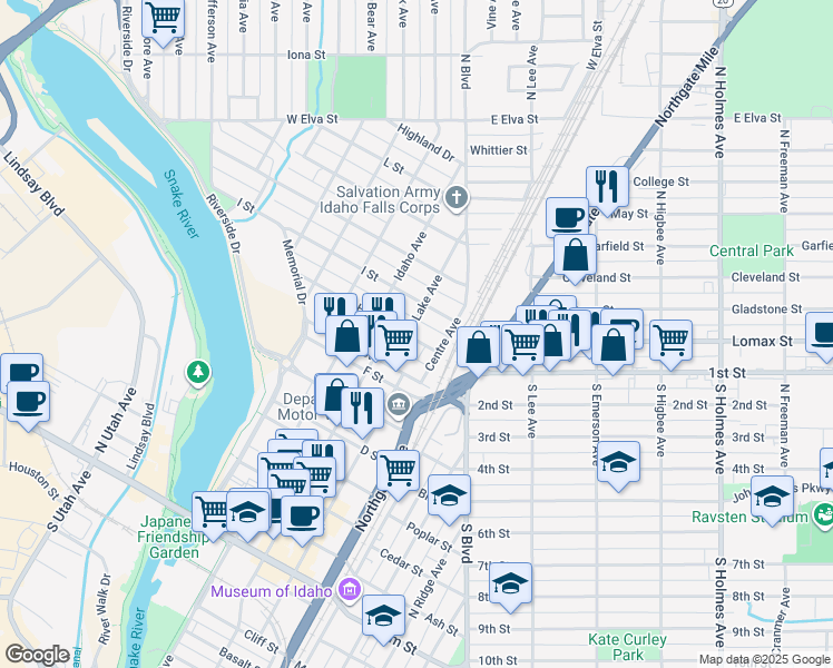 map of restaurants, bars, coffee shops, grocery stores, and more near 284 H Street in Idaho Falls