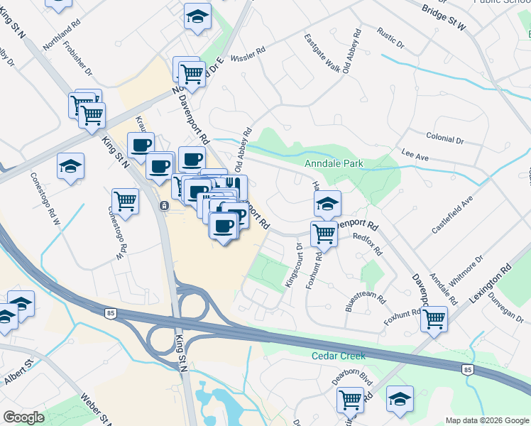 map of restaurants, bars, coffee shops, grocery stores, and more near 550 Barwick Crescent in Waterloo