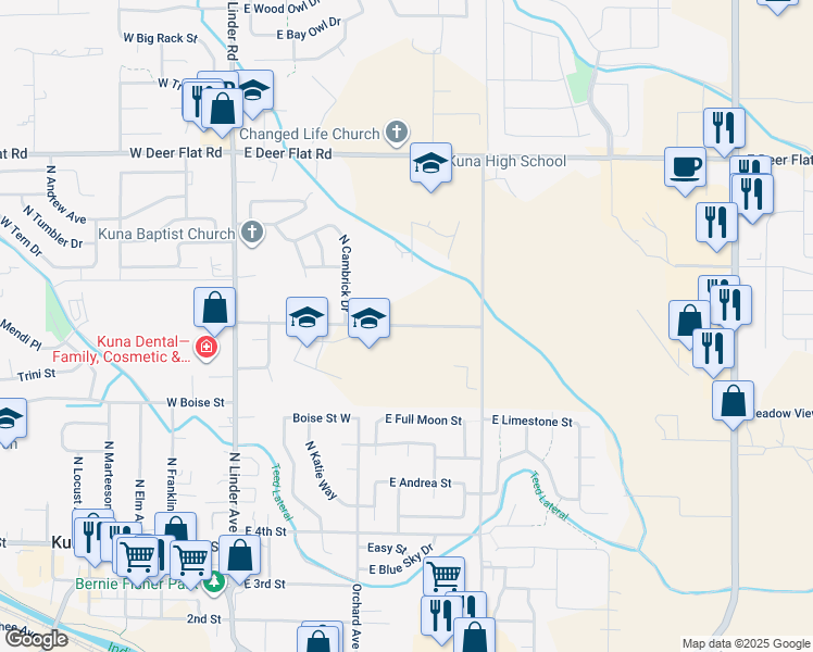 map of restaurants, bars, coffee shops, grocery stores, and more near 441 East Porter Street in Kuna