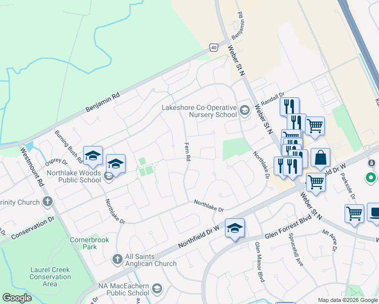 map of restaurants, bars, coffee shops, grocery stores, and more near 643 Fern Road in Waterloo