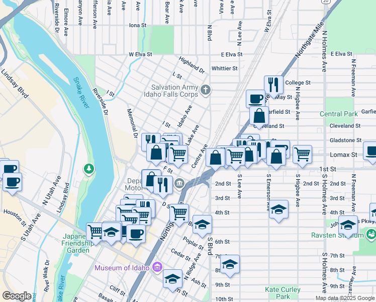 map of restaurants, bars, coffee shops, grocery stores, and more near 1100 Lake Avenue in Idaho Falls