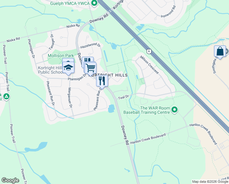 map of restaurants, bars, coffee shops, grocery stores, and more near 69 Hazelwood Drive in Guelph