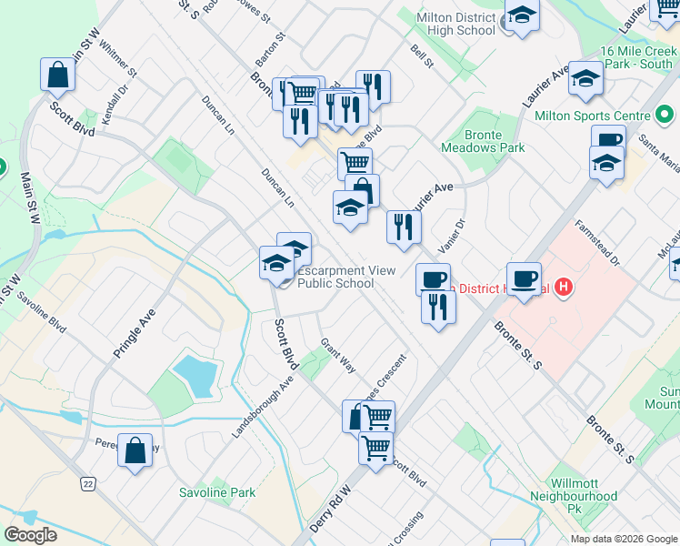 map of restaurants, bars, coffee shops, grocery stores, and more near 416 Duncan Lane in Milton